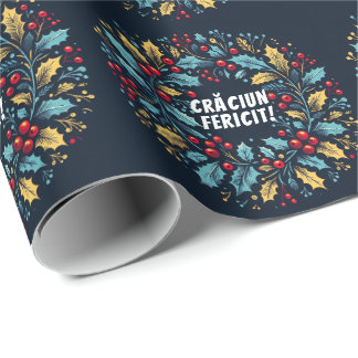 Holly berries wreath Romanian Flag colors Wrap Wrapping Paper