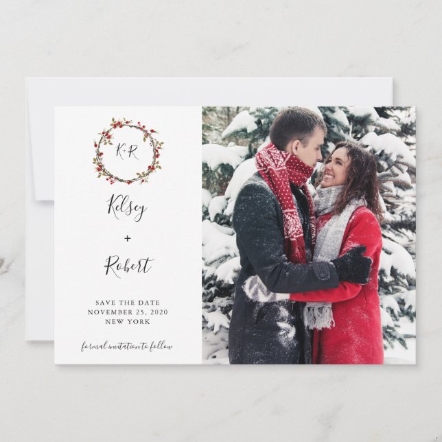 Holly Berries Wreath Save the Date (Front)