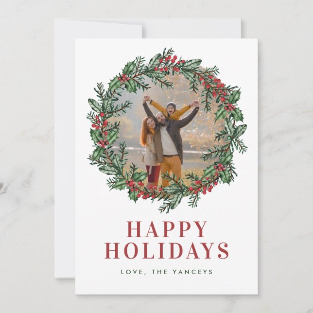 Holly & Berries Wreath Typographic Photo Holiday Card (Front)