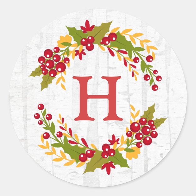 Holly Berries Wreath Winter Blessing Monogram Classic Round Sticker
