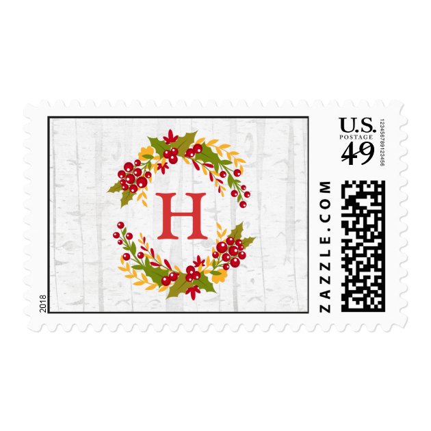 Holly Berries Wreath Winter Blessing Monogram Postage