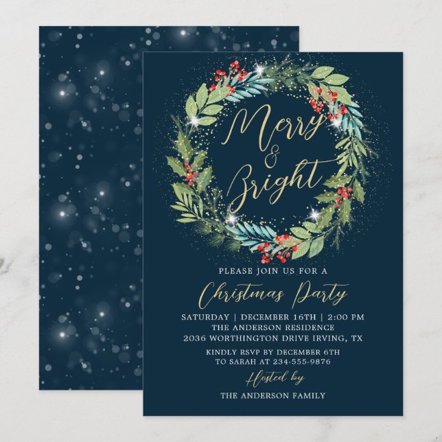 Holly Berries Wreath Winter Blue Christmas Party Invitation (Front/Back)