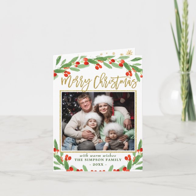 Holly Berry 2 PHOTO Christmas Greeting Holder Holiday Card (Front)