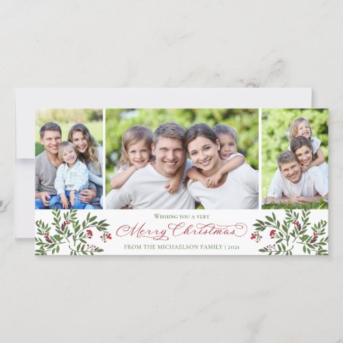 Holly Berry 3 Photo Christmas Modern Holiday Card