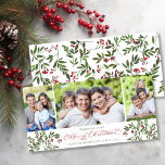Holly Berry 3 Photo Christmas Modern Holiday Card
