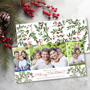 Holly Berry 3 Photo Christmas Modern Holiday Card