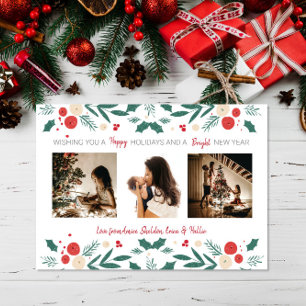 Holly Berry 3 Photo family Christmas greeting Postcard