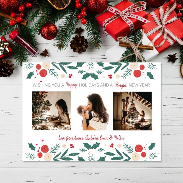 Holly Berry 3 Photo family Christmas greeting Postcard (Creator Uploaded)