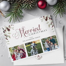 Holly Berry 3 Photo Merriest Christmas Monogram Holiday Card