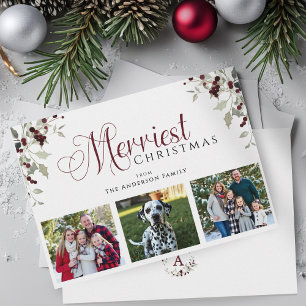Holly Berry 3 Photo Merriest Christmas Monogram Holiday Card