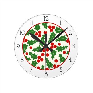 Holly berry and border christmas holiday round clock