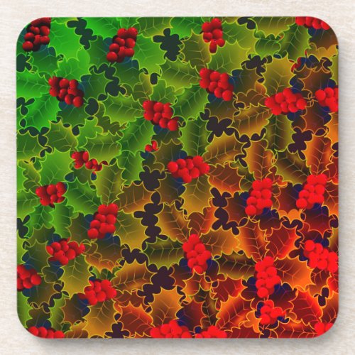 Holly berry and leaves glowing winter hearth beverage coaster