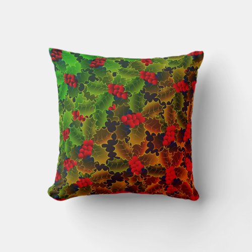 Holly berry and leaves glowing winter hearth throw pillow