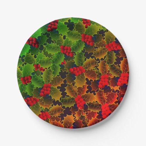 Holly berry and leaves glowing winter red green paper plates