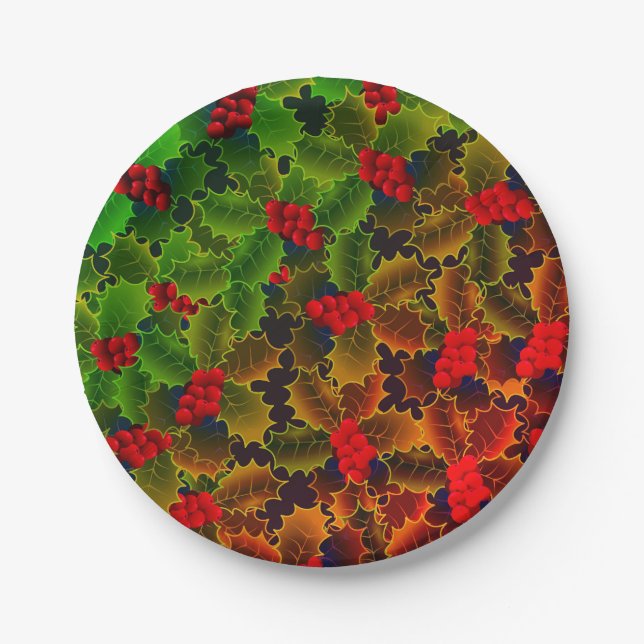 Holly berry and leaves glowing winter red green paper plates (Front)