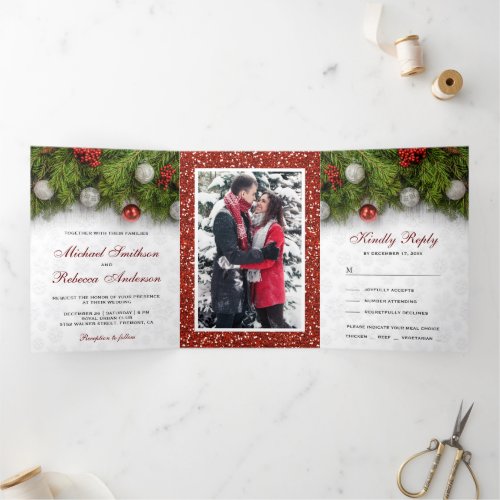 Holly Berry and Pine Leaves Christmas Wedding Tri_Fold Invitation