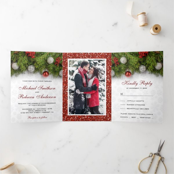 Holly Berry and Pine Leaves Christmas Wedding Tri-Fold Invitation