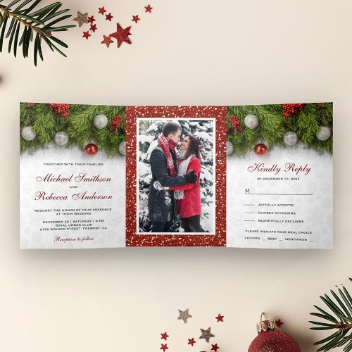 Holly Berry and Pine Leaves Christmas Wedding Tri_Fold Invitation