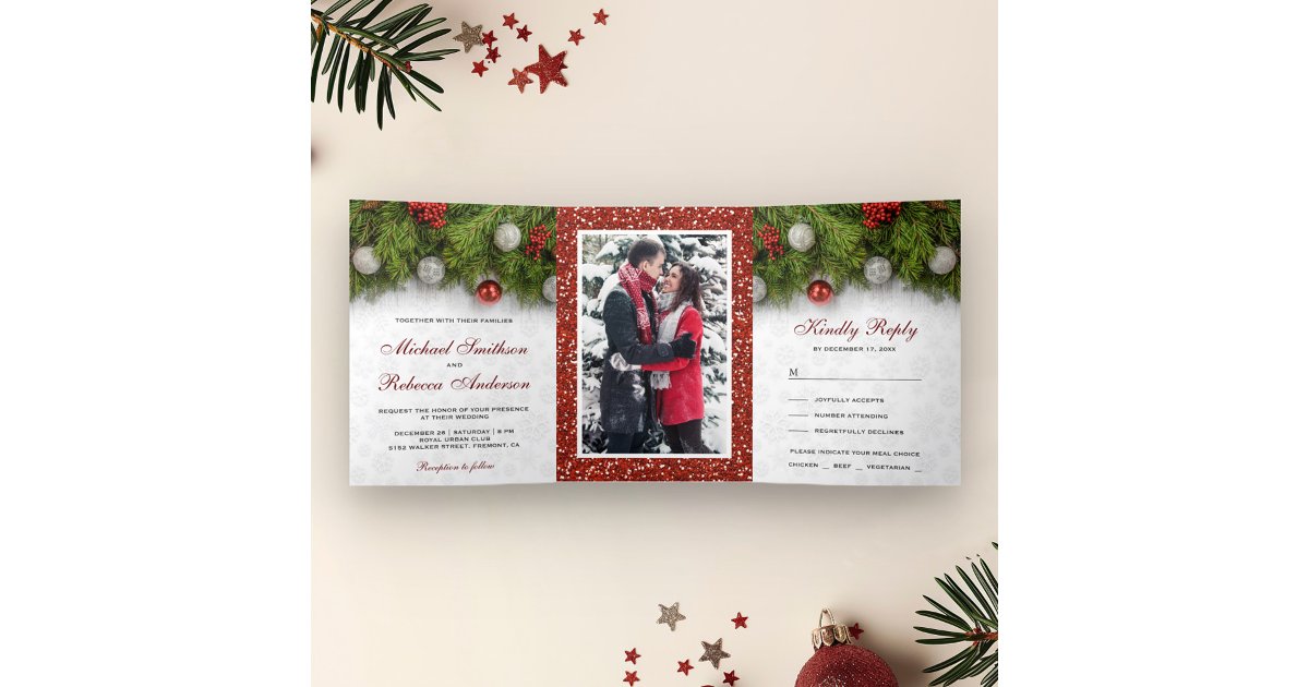 Holly Berry and Pine Leaves Christmas Wedding Tri-Fold Invitation | Zazzle