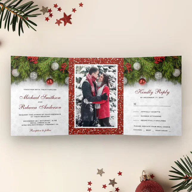 Holly Berry and Pine Leaves Christmas Wedding Tri-Fold Invitation | Zazzle