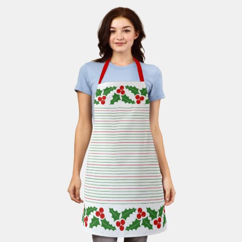 Holly berry and red green stripes Christmas Apron