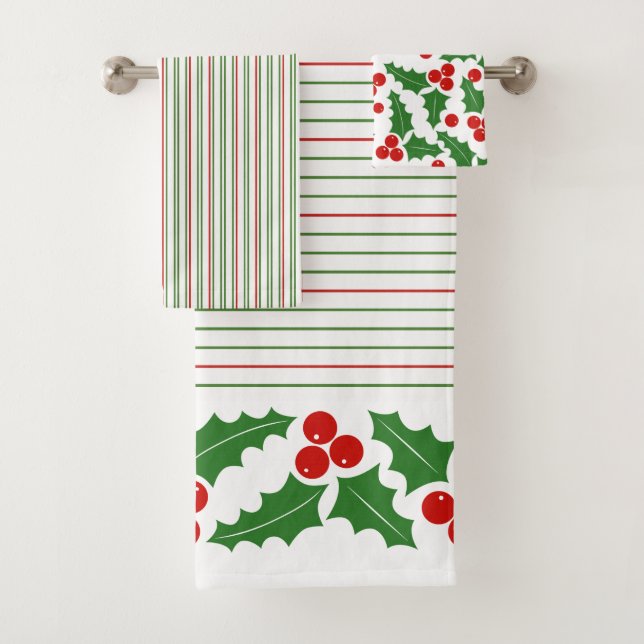 Holly berry and red, green stripes Christmas Bath Towel Set (Insitu)