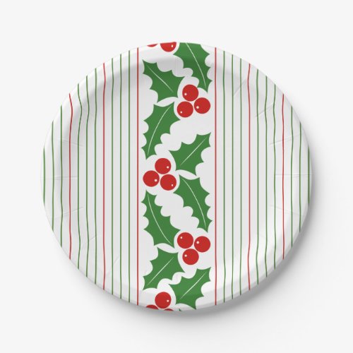 Holly berry and red green stripes Christmas Paper Plates