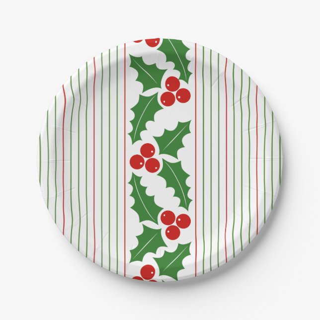 Holly berry and red, green stripes Christmas Paper Plates (Front)