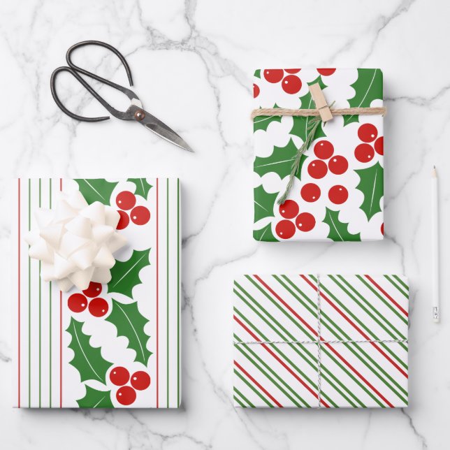 Holly berry and red, green stripes Christmas Wrapping Paper Sheets (Front)