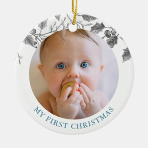 Holly Berry Baby first Christmas Photo Holiday Ceramic Ornament