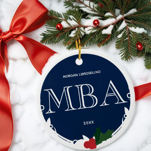 Holly Berry Blue White MBA Graduation Name Year Ceramic Ornament