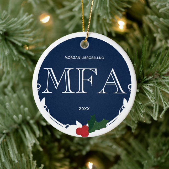 Holly Berry Blue White MFA Graduation Name Year Ceramic Ornament (Tree)