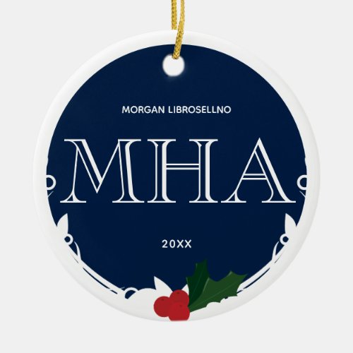 Holly Berry Blue White MHA Graduation Name Year Ceramic Ornament