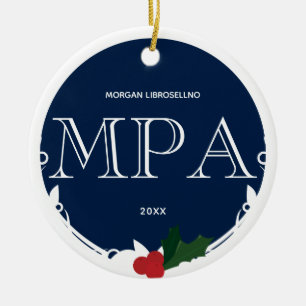 Holly Berry Blue White MPA Graduation Name Year Ceramic Ornament