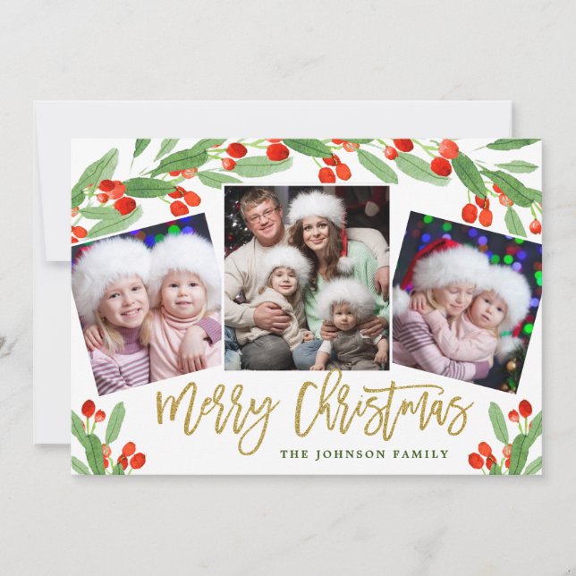 Holly Berry Branch 3 PHOTO Christmas Greeting Holiday Card (Front)