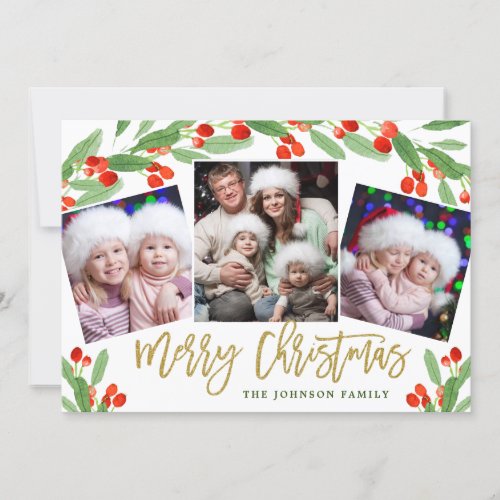 Holly Berry Branch 3 PHOTO Christmas Greeting Holiday Card
