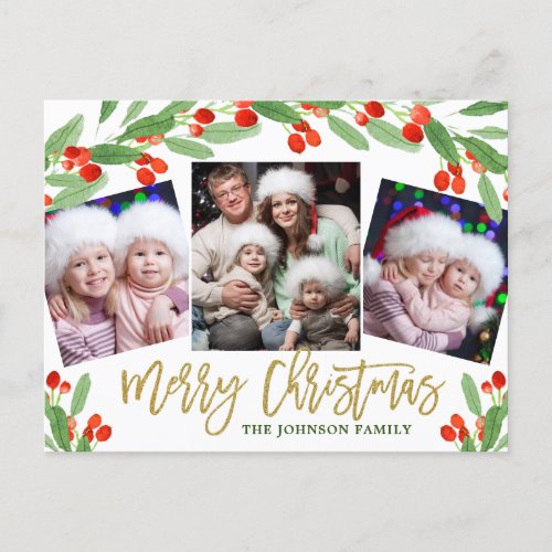 Holly Berry Branch 3 PHOTO Christmas Greeting Holiday Postcard