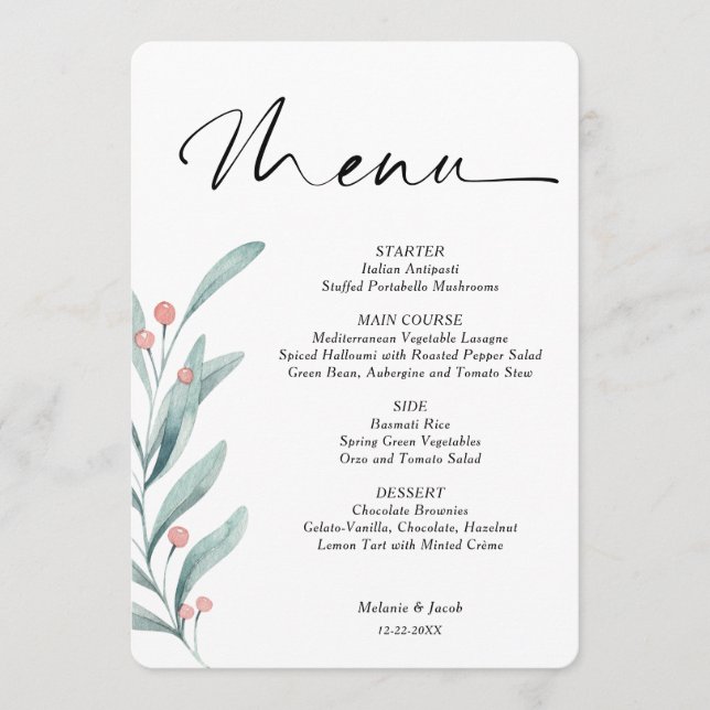 Holly Berry Branch Christmas wedding Menu (Front)
