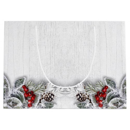 Holly Berry Branch Rustic Christmas Holiday Large Gift Bag