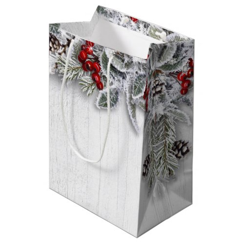 Holly Berry Branch Rustic Christmas Holiday Medium Gift Bag