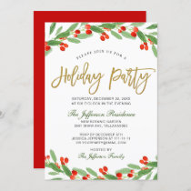 Holly Berry Branch Watercolor Holiday Party Invitation