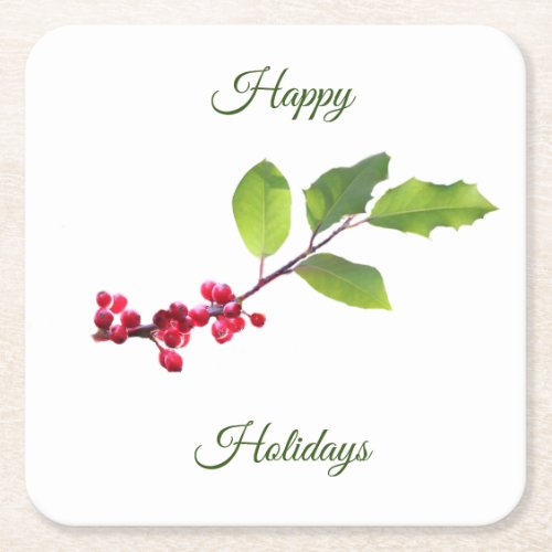 holly berry branch with foliage square paper coaster