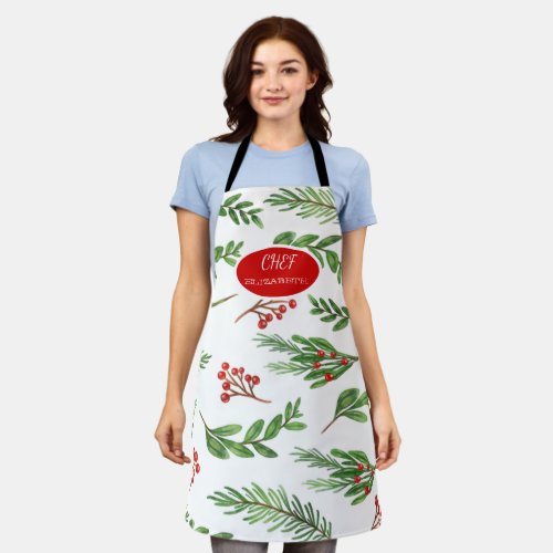 Holly Berry Branches Holiday Apron