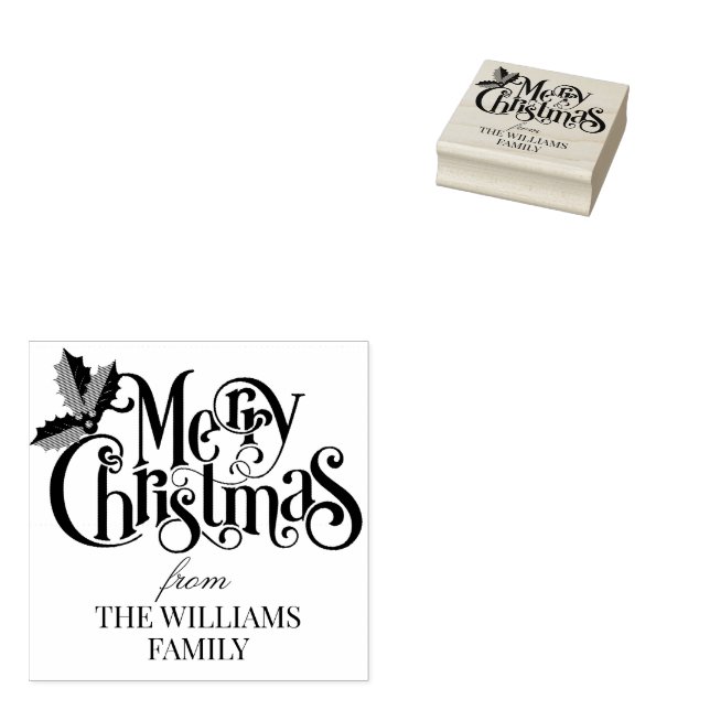 Holly Berry Branches Modern Merry Christmas Rubber Stamp (Stamped)