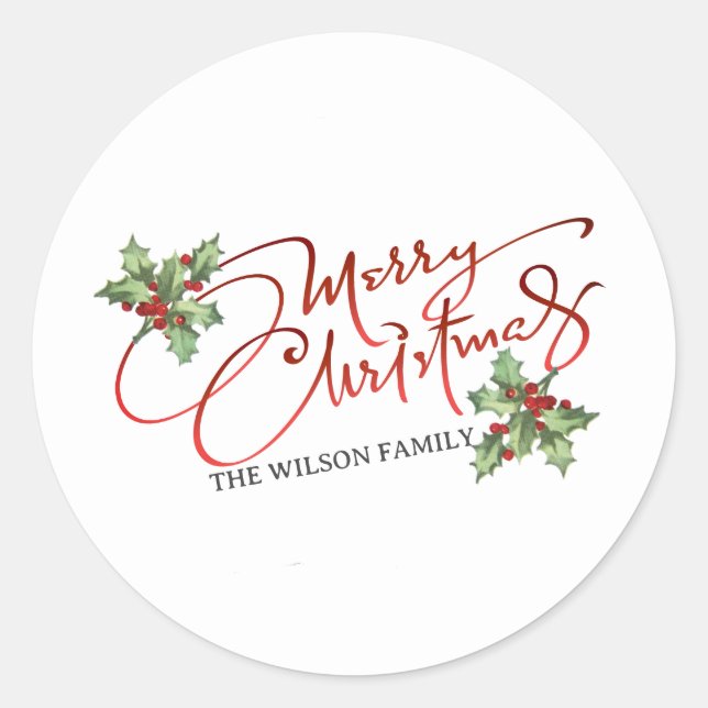Holly Berry Calligraphy Ink Christmas Custom Classic Round Sticker (Front)
