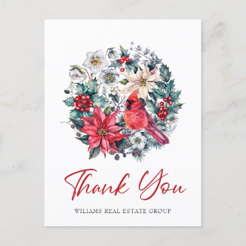 Holly Berry Cardinal Christmas Corporate Thank You Holiday Postcard
