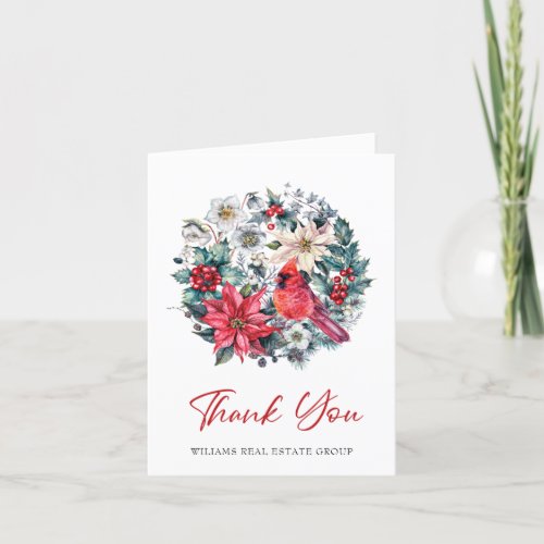 Holly Berry Cardinal Christmas Corporate Vintage Thank You Card