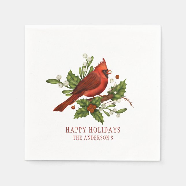 Holly Berry Cardinal Holiday Monogram Mistletoe Napkins (Front)