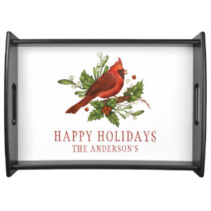 Holly Berry Cardinal Holiday Monogram Mistletoe Serving Tray