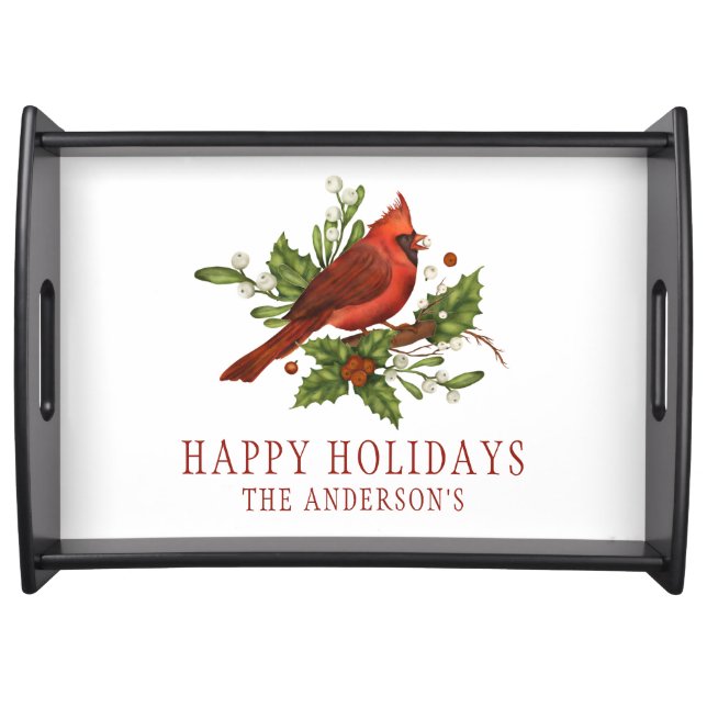 Holly Berry Cardinal Holiday Monogram Mistletoe Serving Tray (Front)